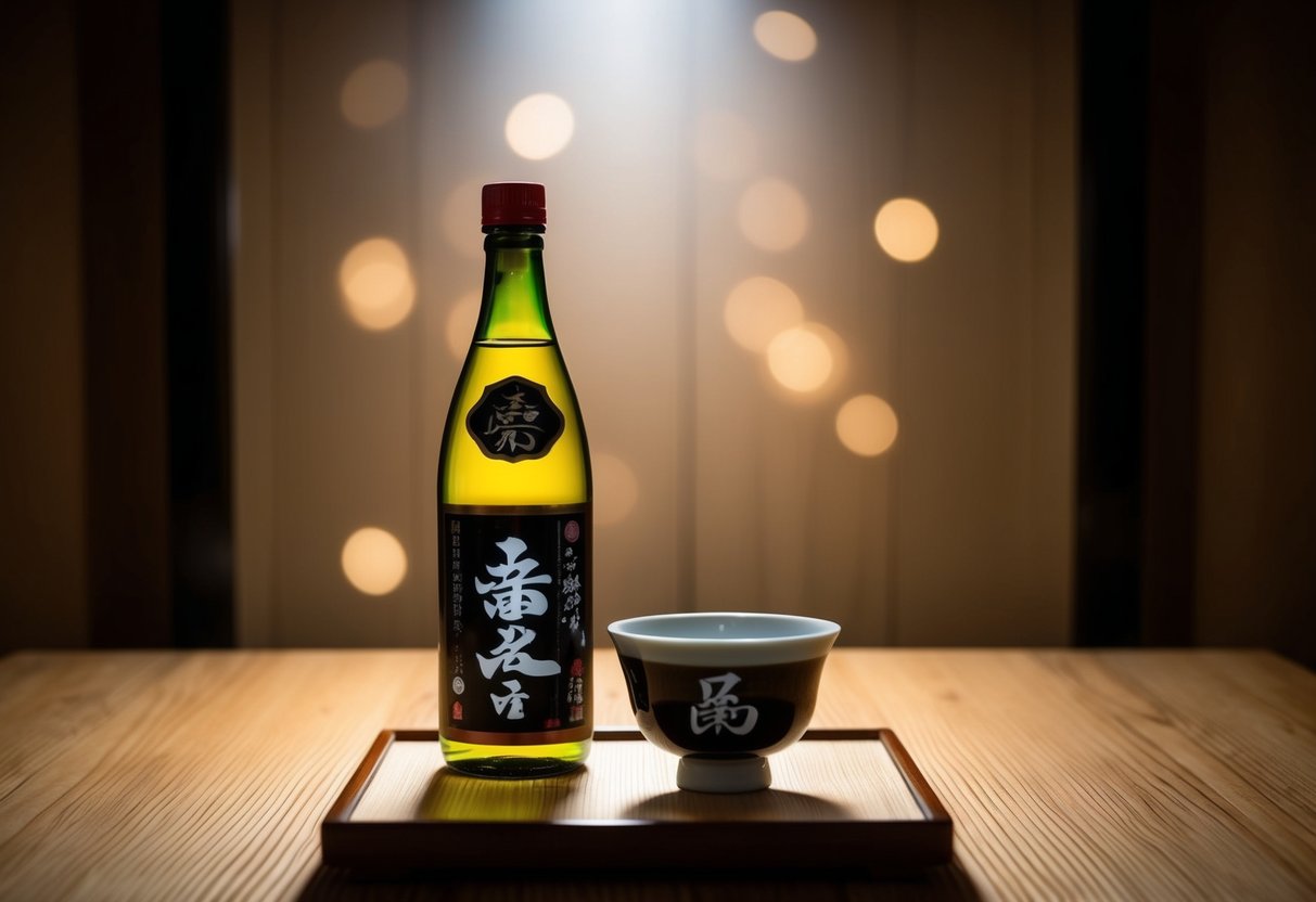 A traditional Japanese sake bottle and cup displayed on a wooden table with a subtle spotlight shining on them