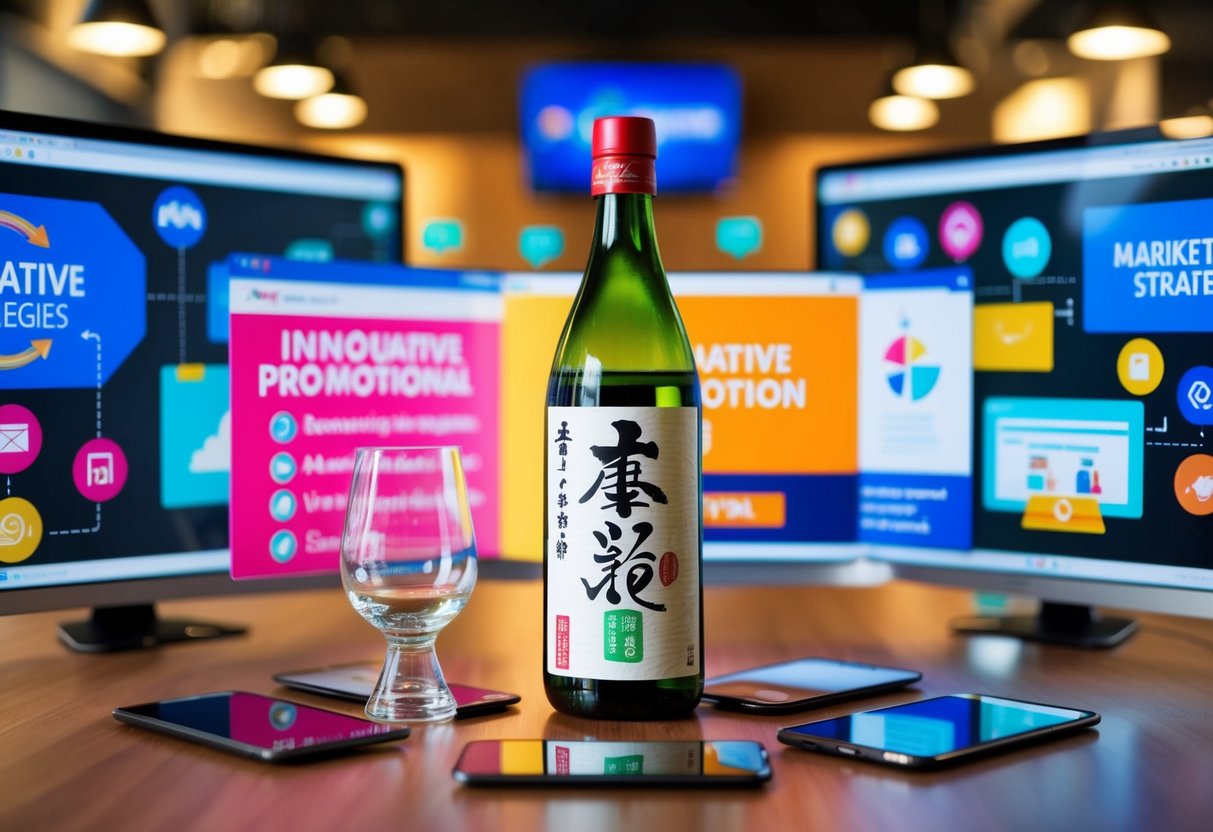 A sake bottle and glass surrounded by vibrant marketing materials and digital screens displaying innovative promotion strategies