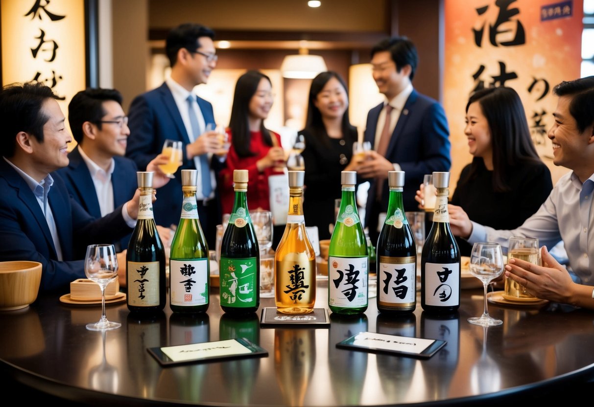 A table with various sake bottles and glasses, surrounded by people chatting and enjoying the promotions