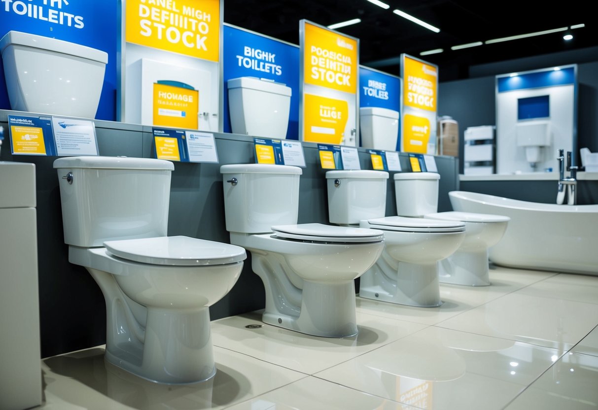 A display of gleaming toilets, sinks, and bathtubs with bright promotional signage