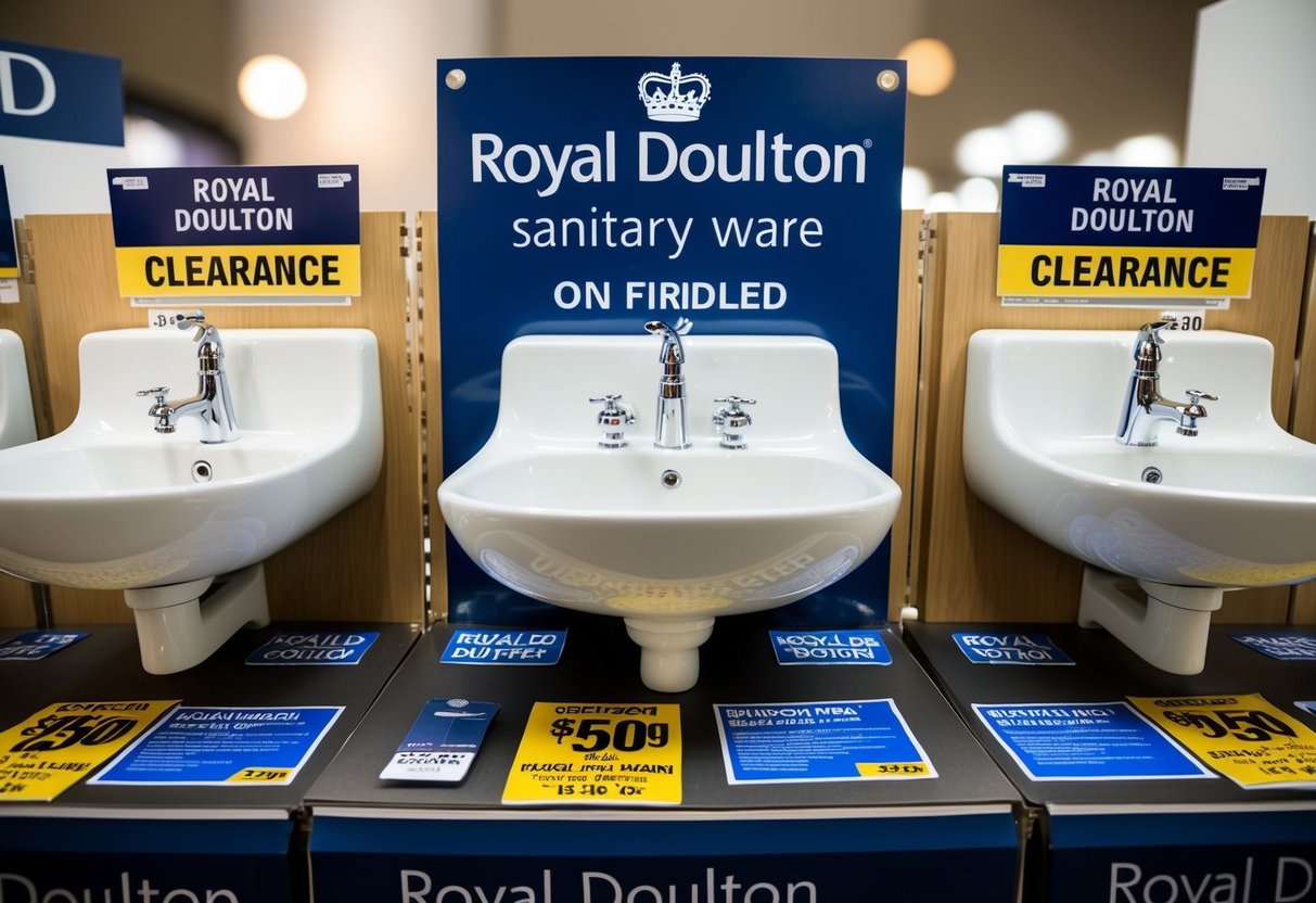 A display of Royal Doulton basins and sanitary ware on clearance, surrounded by promotional signage and price tags