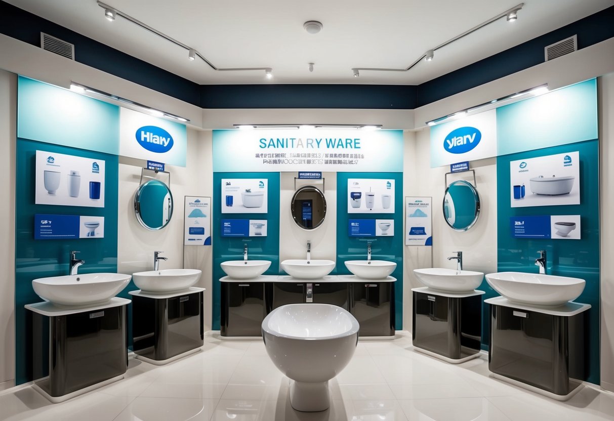 A display of gleaming, modern sanitary ware products arranged in an elegant showroom setting, with strategically placed promotional signs and banners