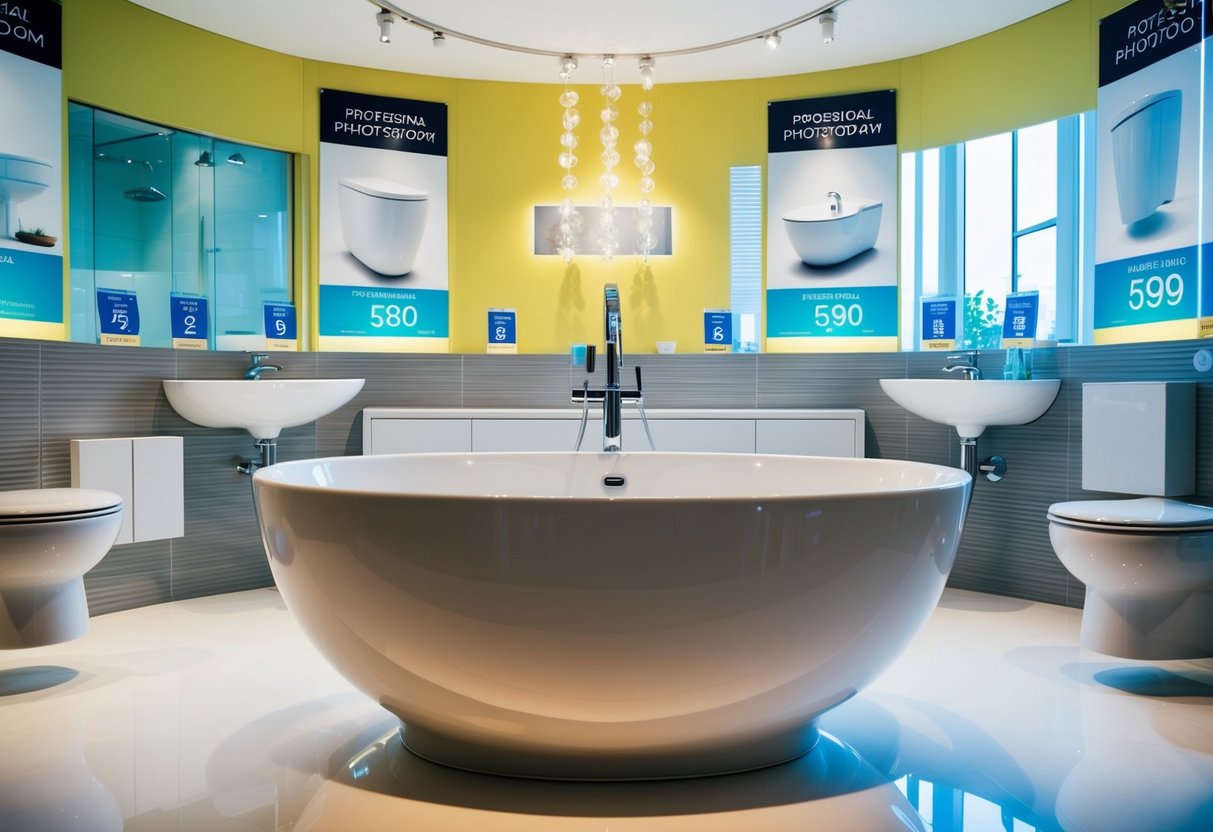 A brightly lit bathroom showroom with gleaming sanitary ware on display, surrounded by promotional banners and pricing signs