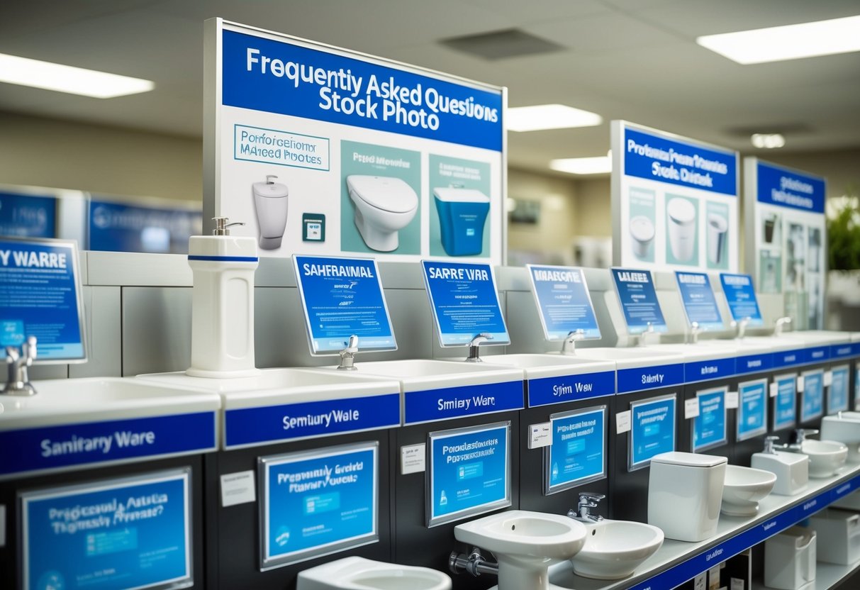 A display of various sanitary ware products with promotional signage and a section for frequently asked questions