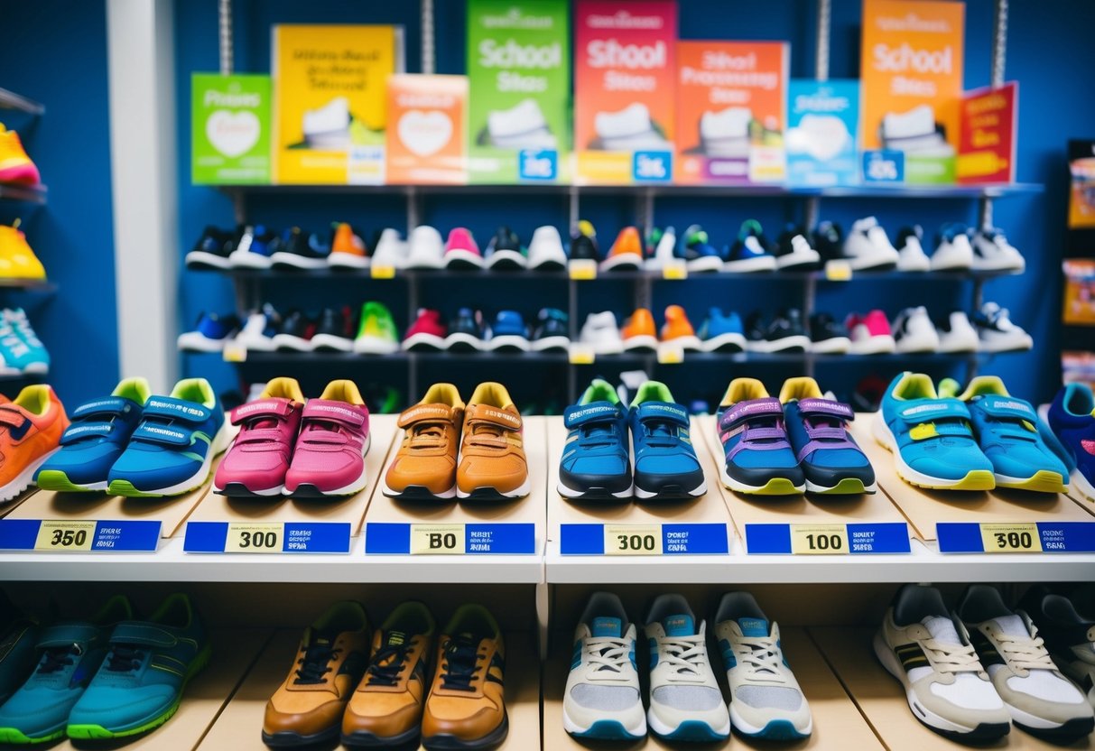 A display of various school shoes on sale, arranged neatly on shelves with colorful promotional signs