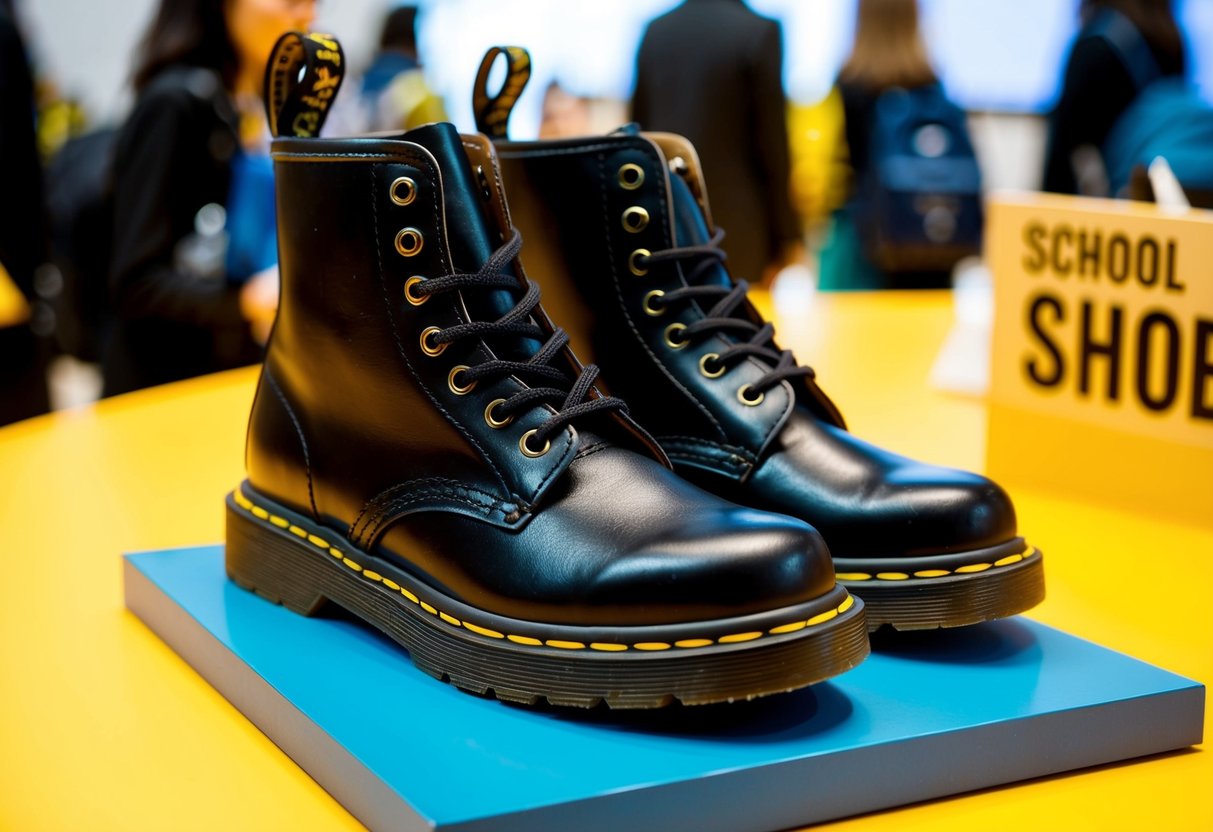 A pair of Dr. Martens 1461 Youth Shoes on display at a school shoe promotion event