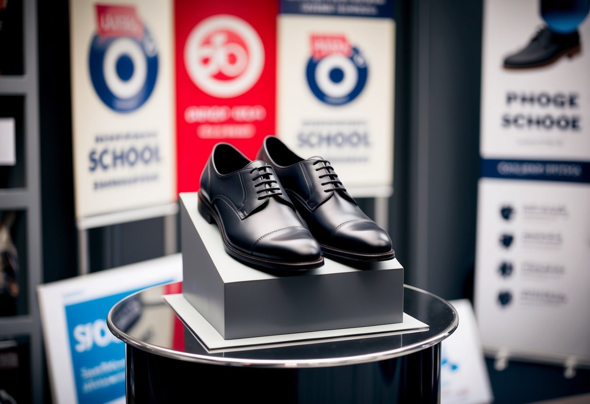 A pair of sleek leather school shoes displayed on a pedestal, surrounded by promotional signs and banners