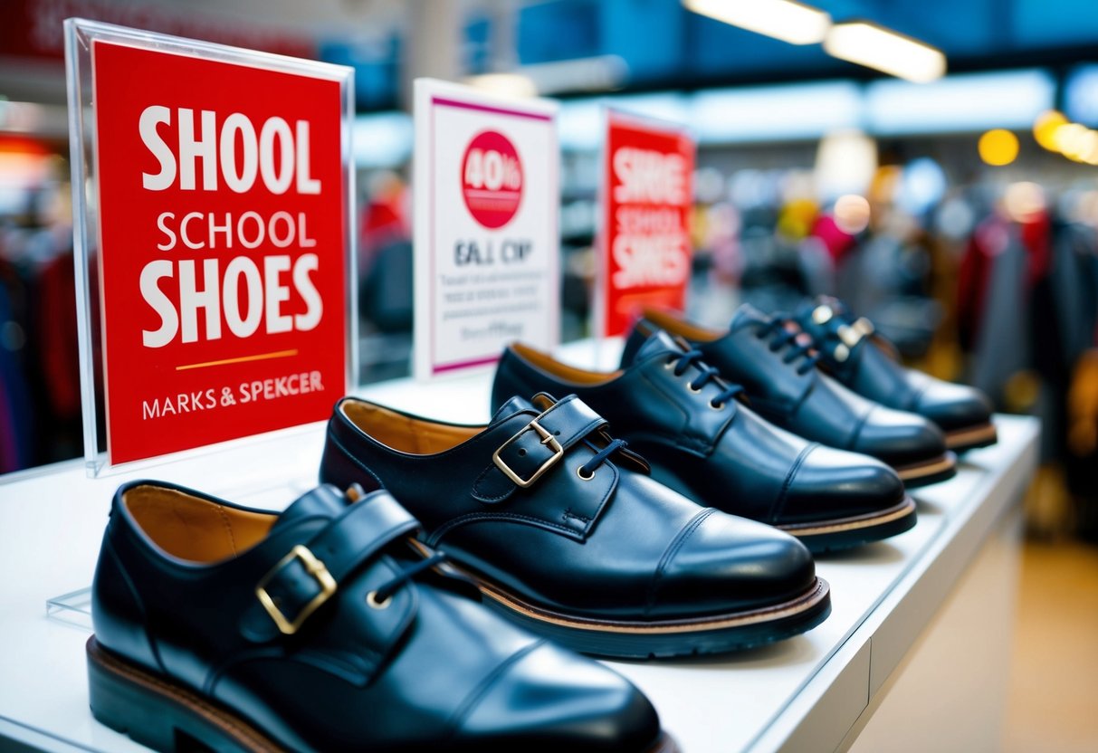 A display of leather school shoes with promotional signs at Marks & Spencer