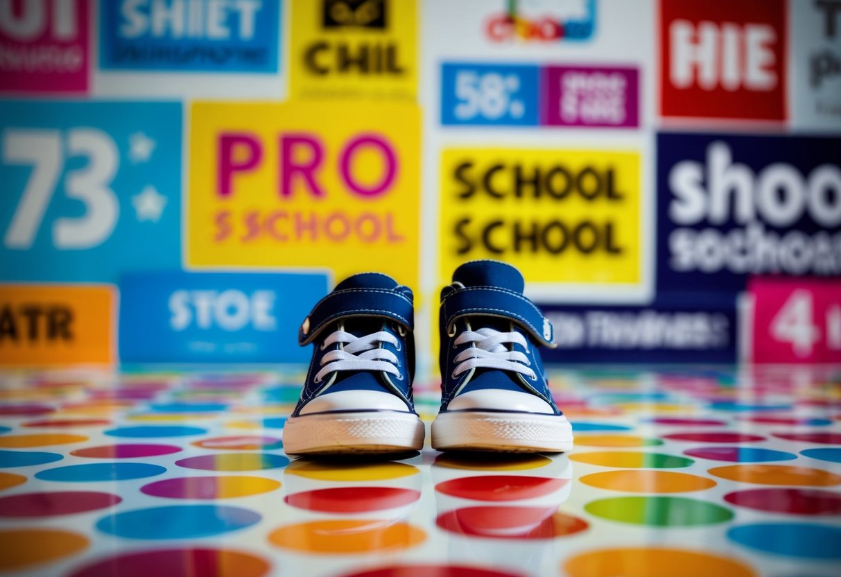 A child's school shoes surrounded by colorful promotional signs and banners