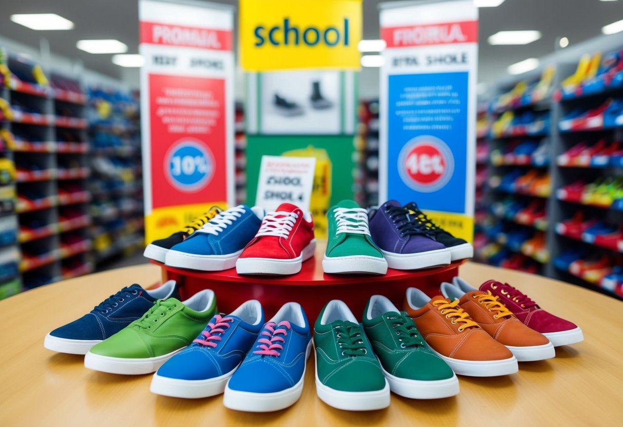 A colorful display of school shoes with promotional signs and banners