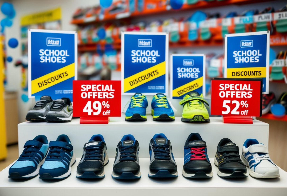 A display of various school shoes in different styles and sizes, with promotional signs and banners highlighting special offers and discounts
