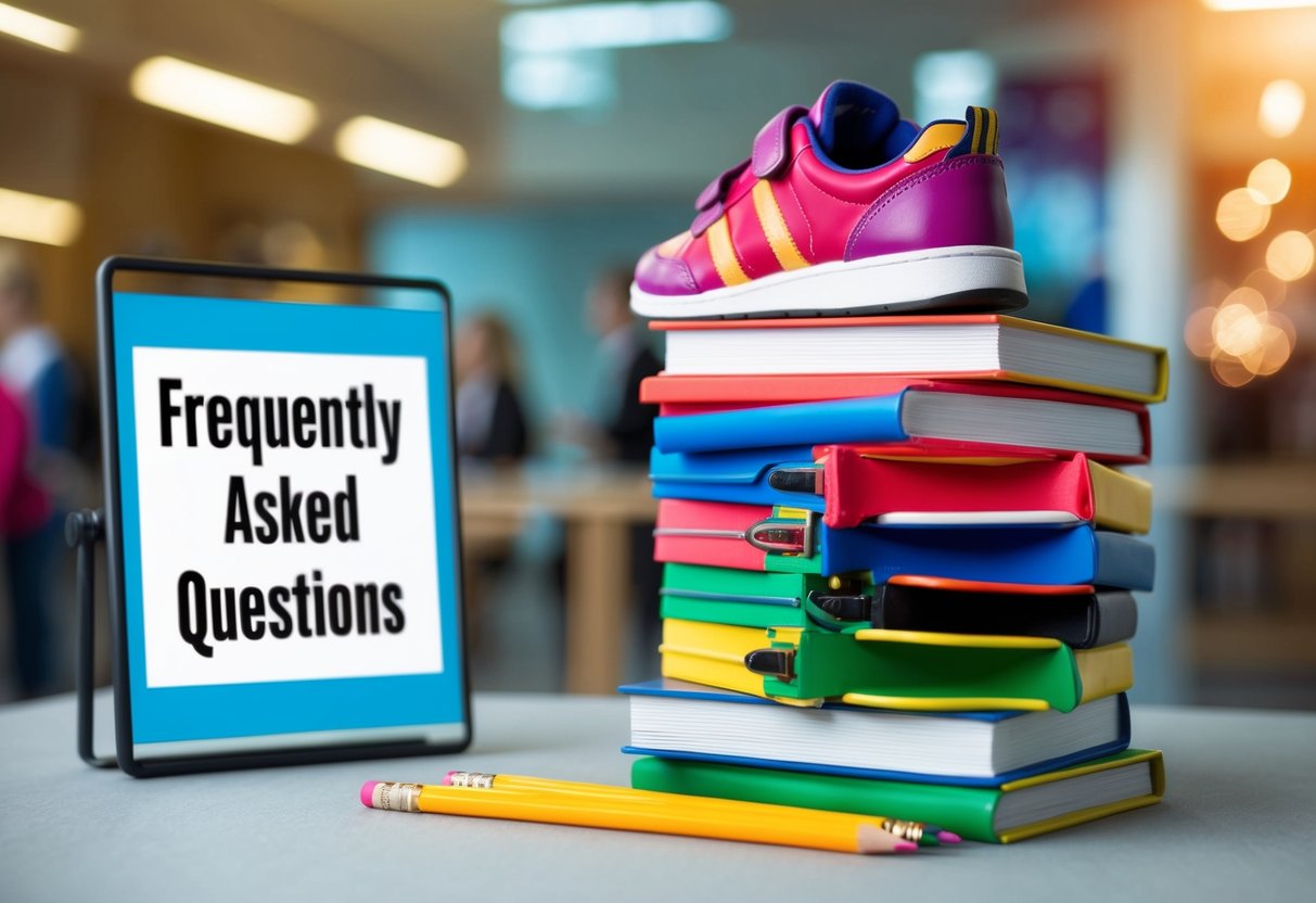 A stack of colorful school shoes with a "Frequently Asked Questions" sign and promotional banners