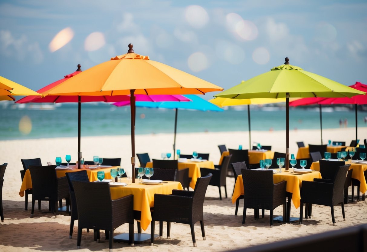 A beachside restaurant on Sentosa Island, with colorful umbrellas and tables set for a dining promotion
