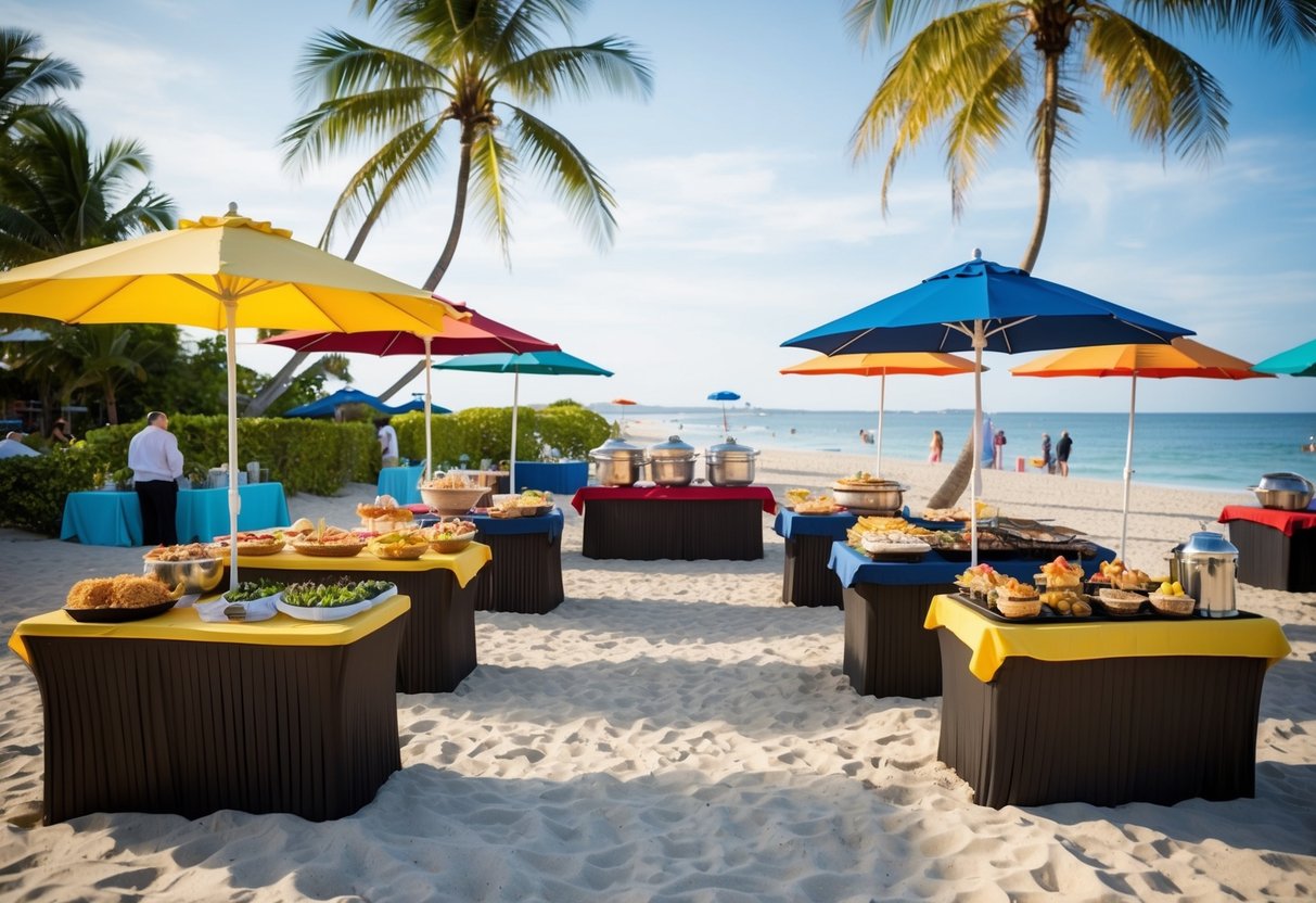 An oceanfront barbecue buffet set up on a sandy beach with palm trees, colorful umbrellas, and a variety of delicious food and drink options