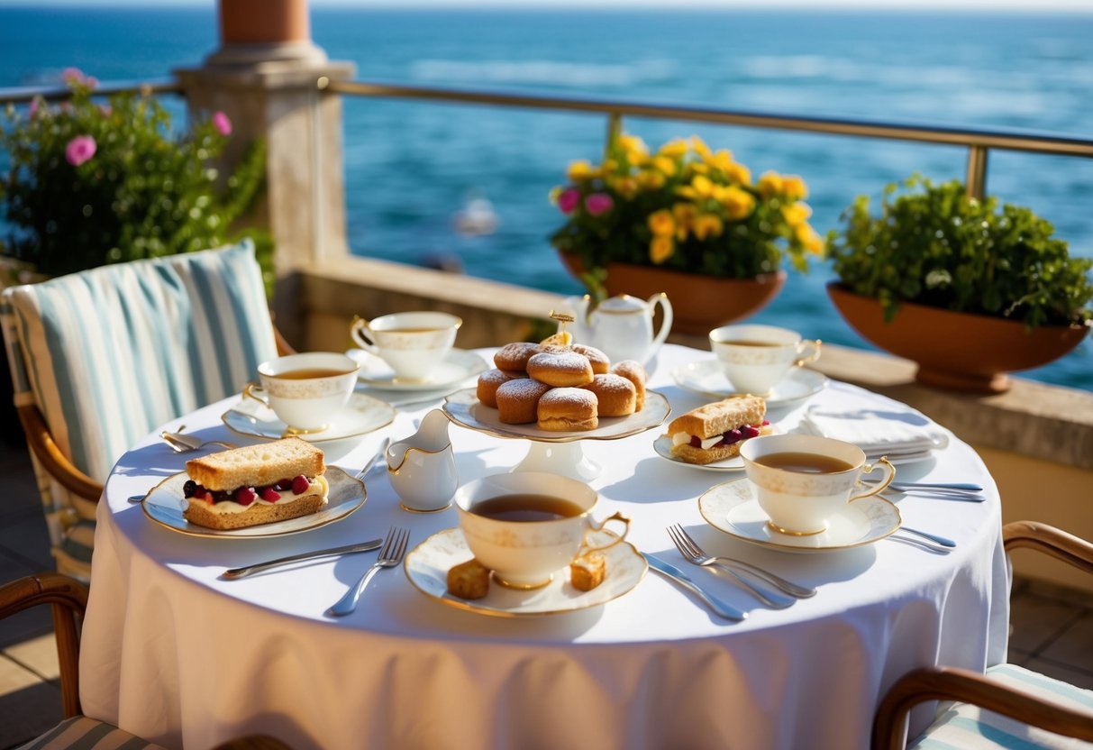 A table set with elegant teacups, pastries, and sandwiches on a sunlit terrace overlooking the sea