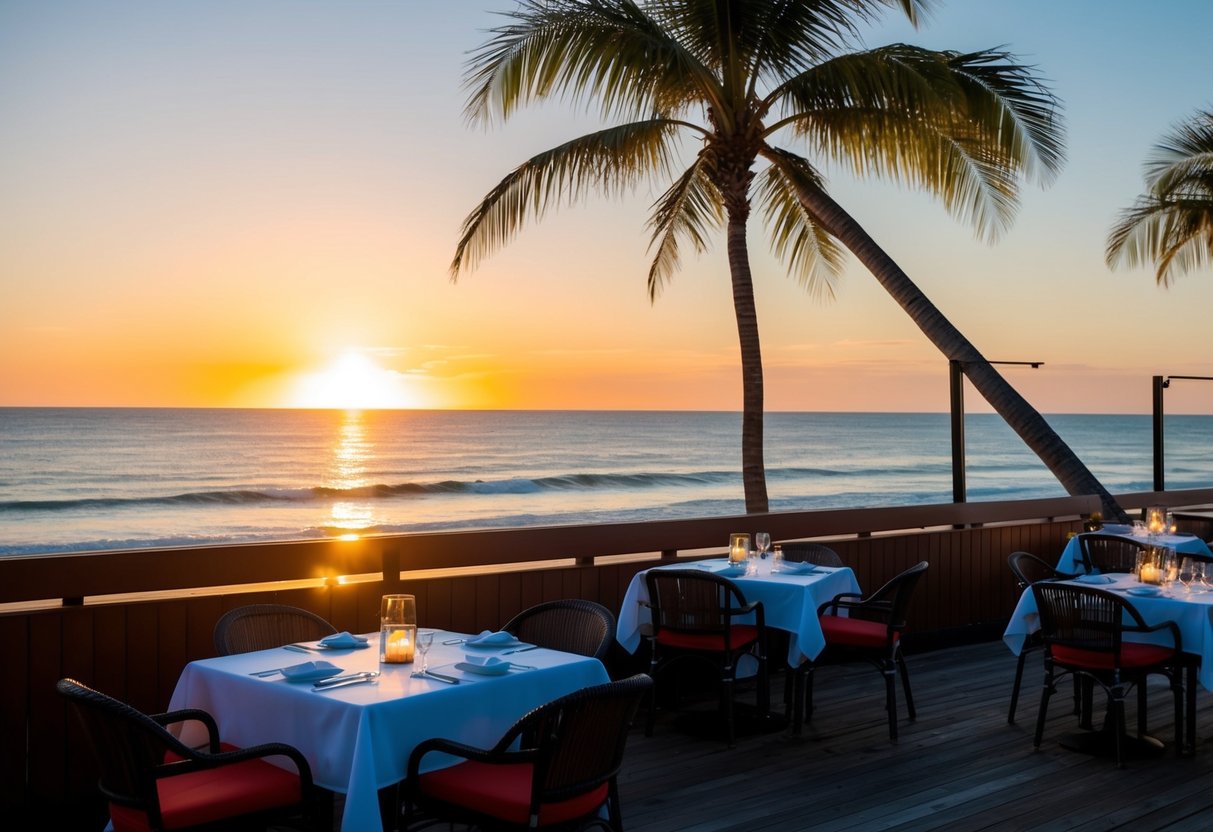 The sun sets over a beachfront restaurant, with tables set for a special promotion. Palm trees sway in the breeze as the ocean sparkles in the background