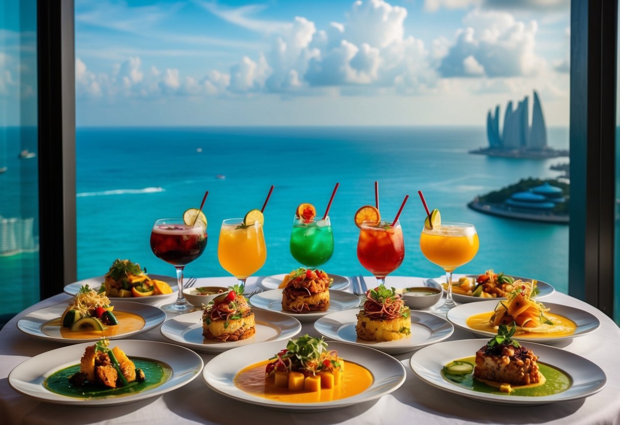 A colorful array of mouthwatering dishes and drinks displayed on a table with a view of the sparkling ocean at Sentosa