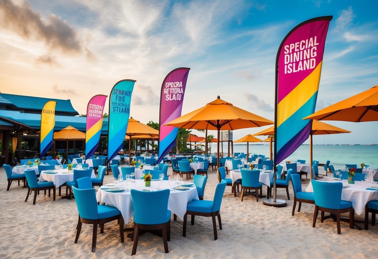 A vibrant beachfront restaurant with colorful banners and tables set for a special dining promotion at Sentosa Island