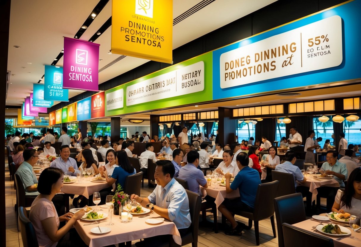 A bustling restaurant with colorful banners and a sign promoting dining promotions at Sentosa. Tables are filled with happy customers enjoying their meals