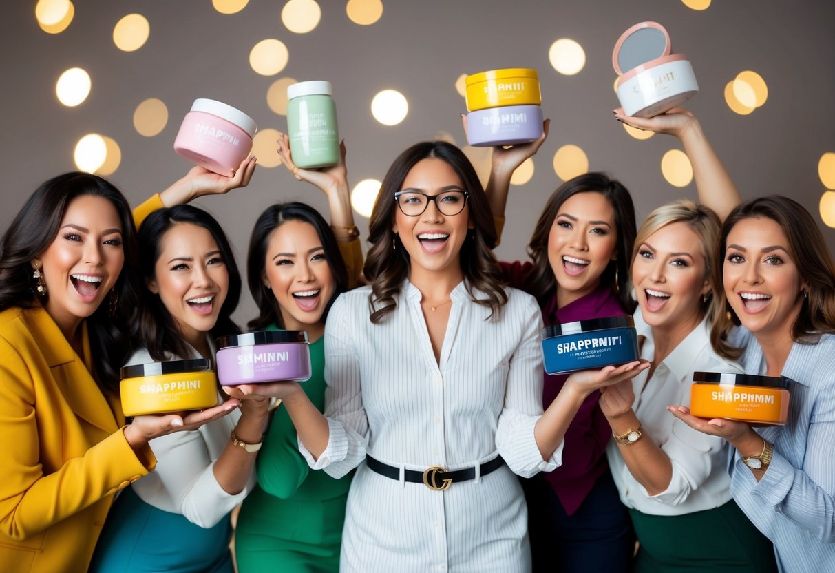 A group of women excitedly showcasing Shapermint products in various styles and colors