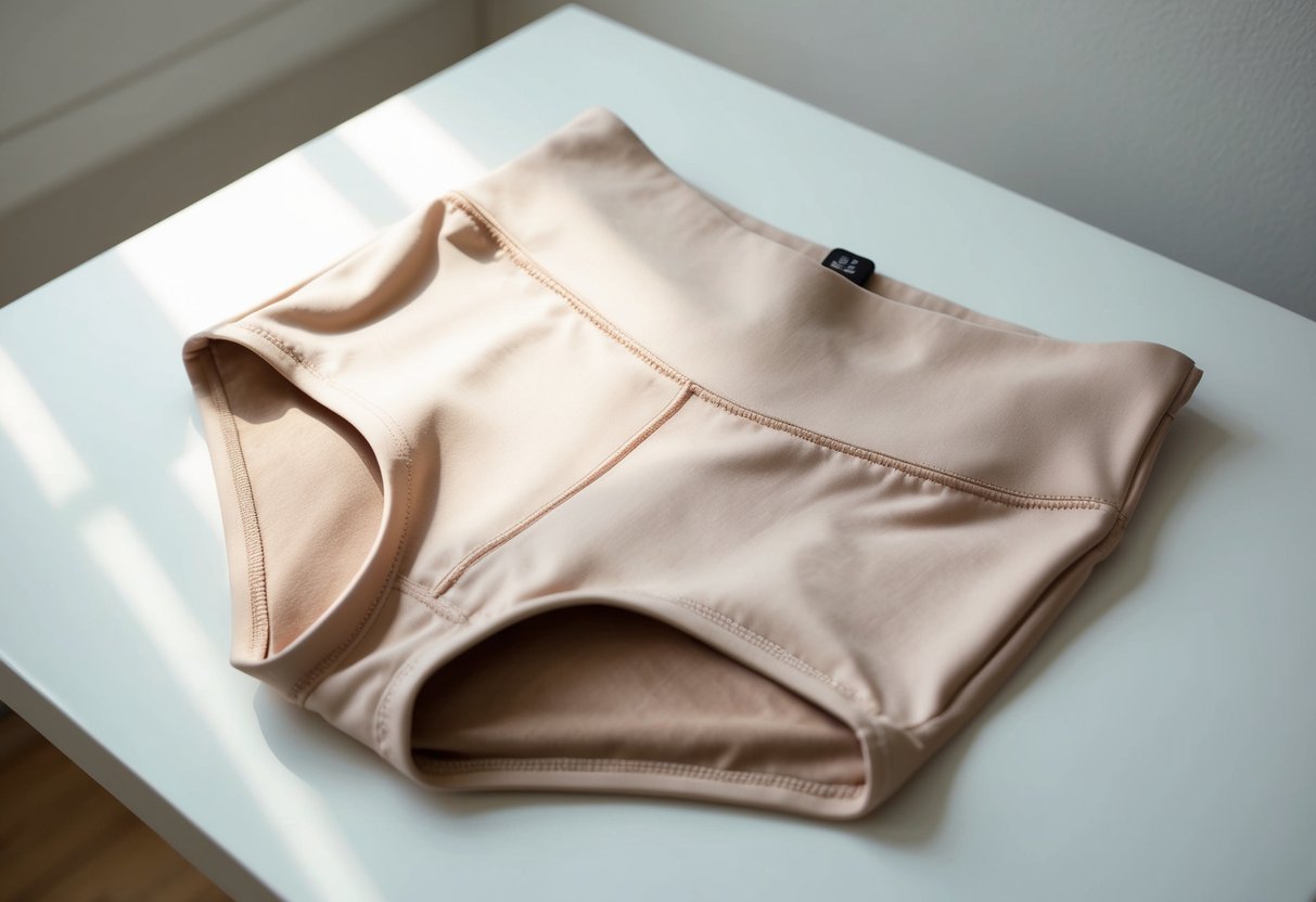 A woman's high-waisted shaper shorts lying on a clean, white surface with soft, natural lighting