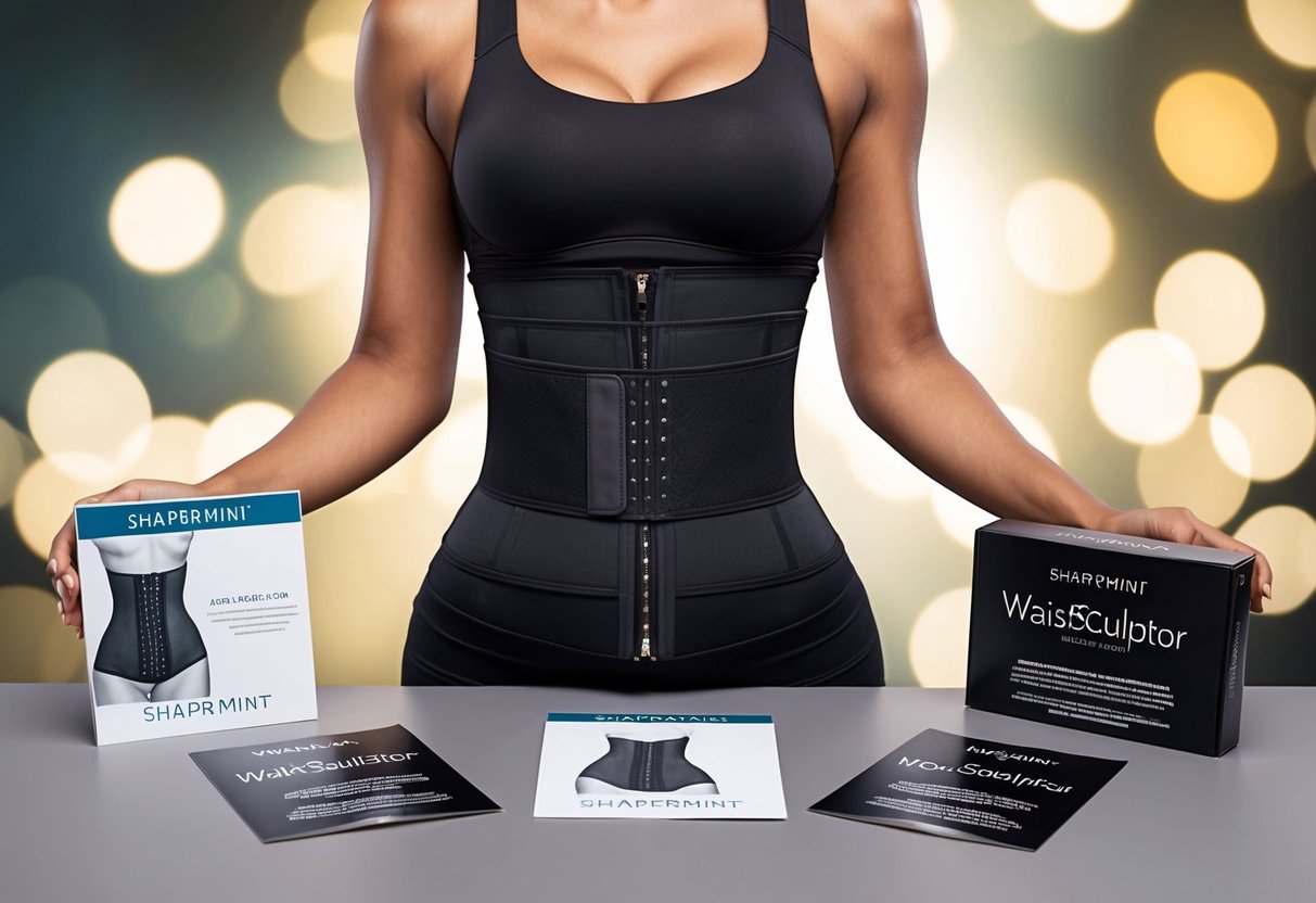 A woman's waist cinched by a WaistSculptor Adjustable Cincher, surrounded by promotional materials for shapermint