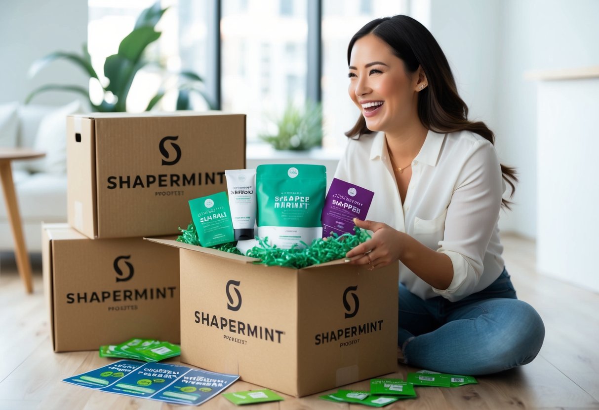 A woman happily receiving a package with Shapermint products, surrounded by promotional materials and discount codes