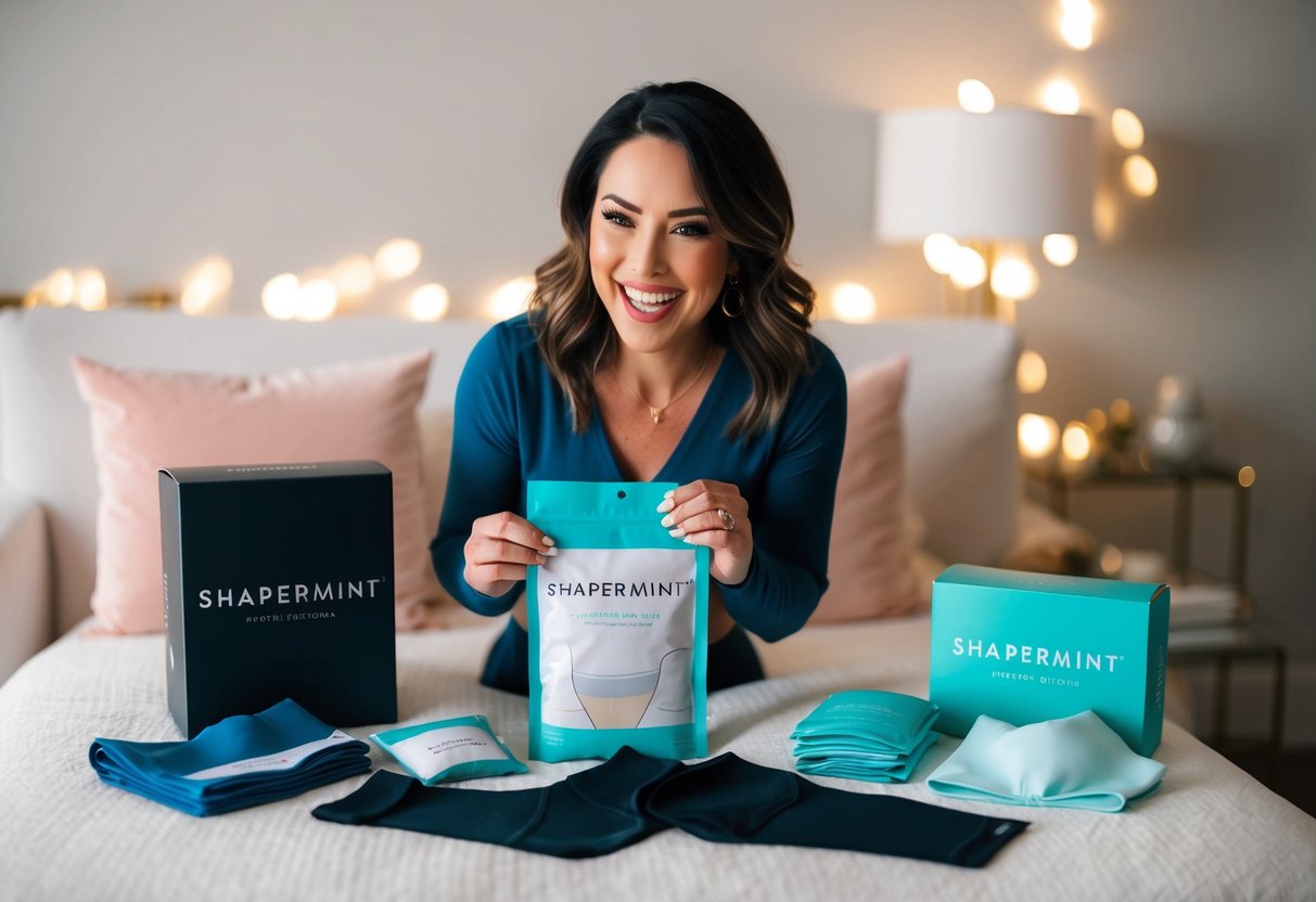 A woman excitedly opens a package from Shapermint, revealing a variety of shapewear items. She smiles as she examines the products and imagines the possibilities