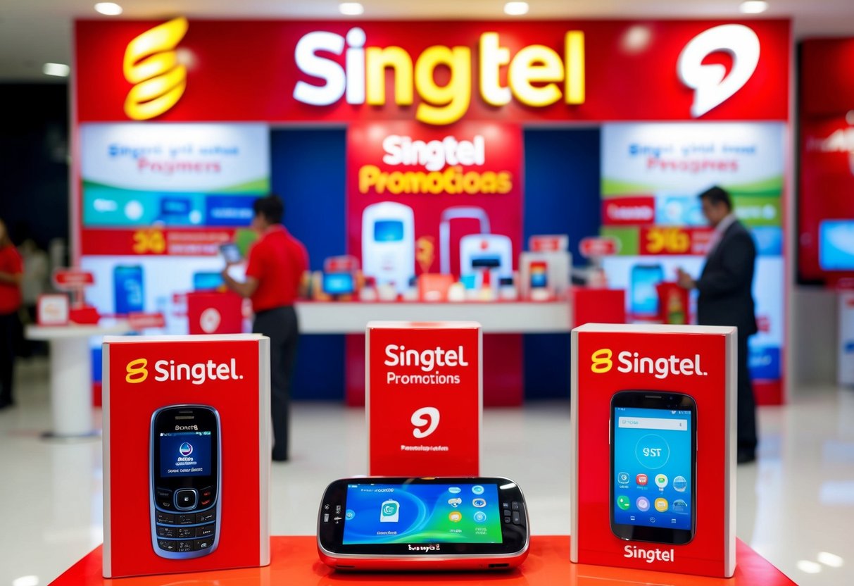 A colorful display of Singtel promotions featuring various electronic devices and communication gadgets