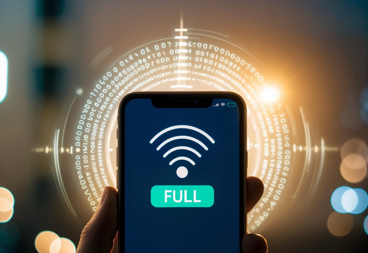 A smartphone with a signal bar showing full reception, surrounded by a halo of data waves
