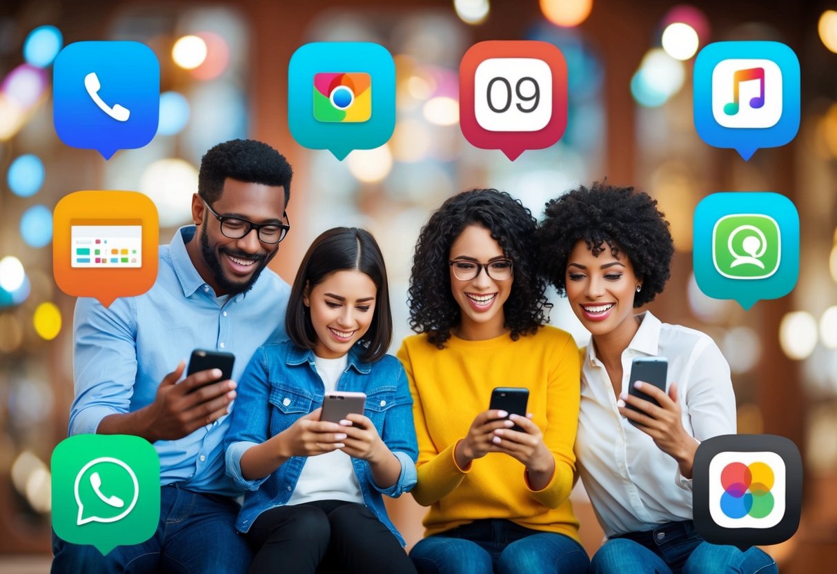 A family of four happily using their smartphones, surrounded by colorful icons representing different mobile apps
