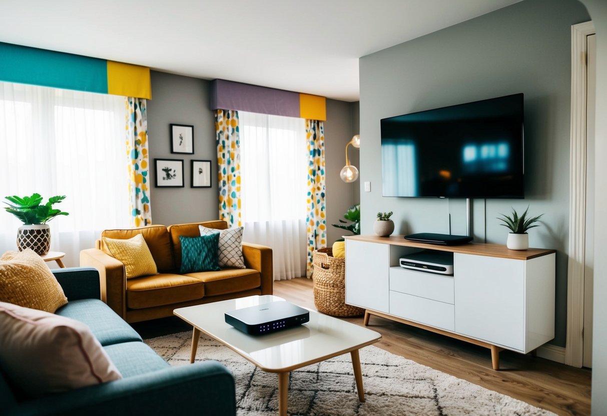 A living room with a modern TV and internet router, surrounded by cozy furniture and colorful decor