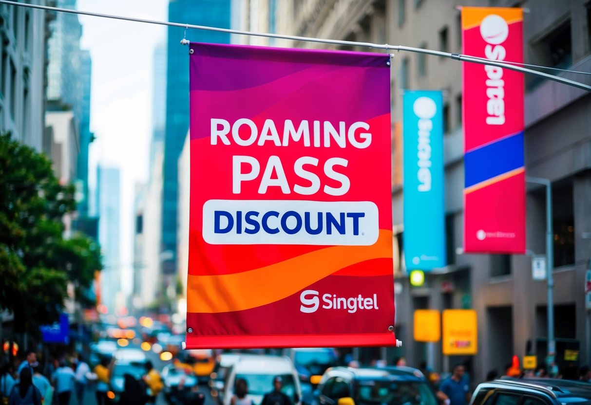 A colorful banner hanging over a bustling city street, advertising "Roaming Pass Discount" Singtel promotions