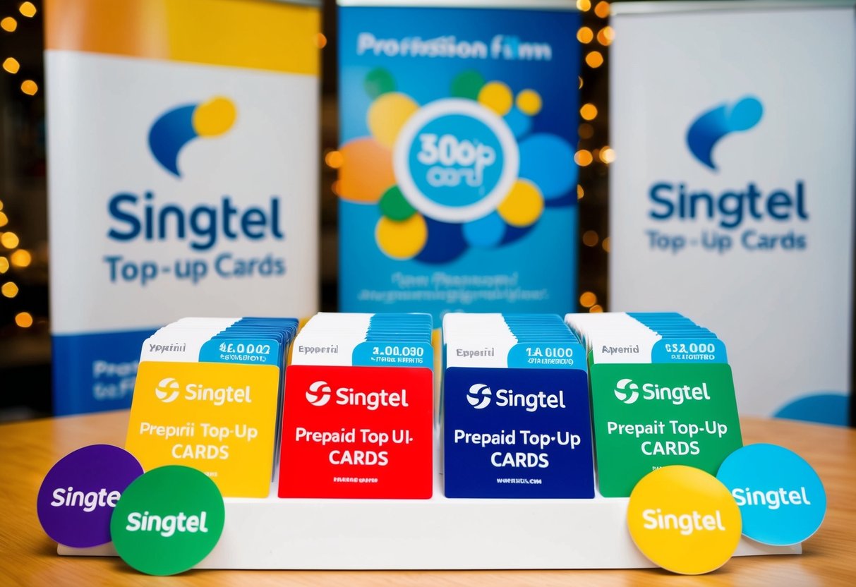 A colorful display of prepaid top-up cards with promotional banners and logos for Singtel