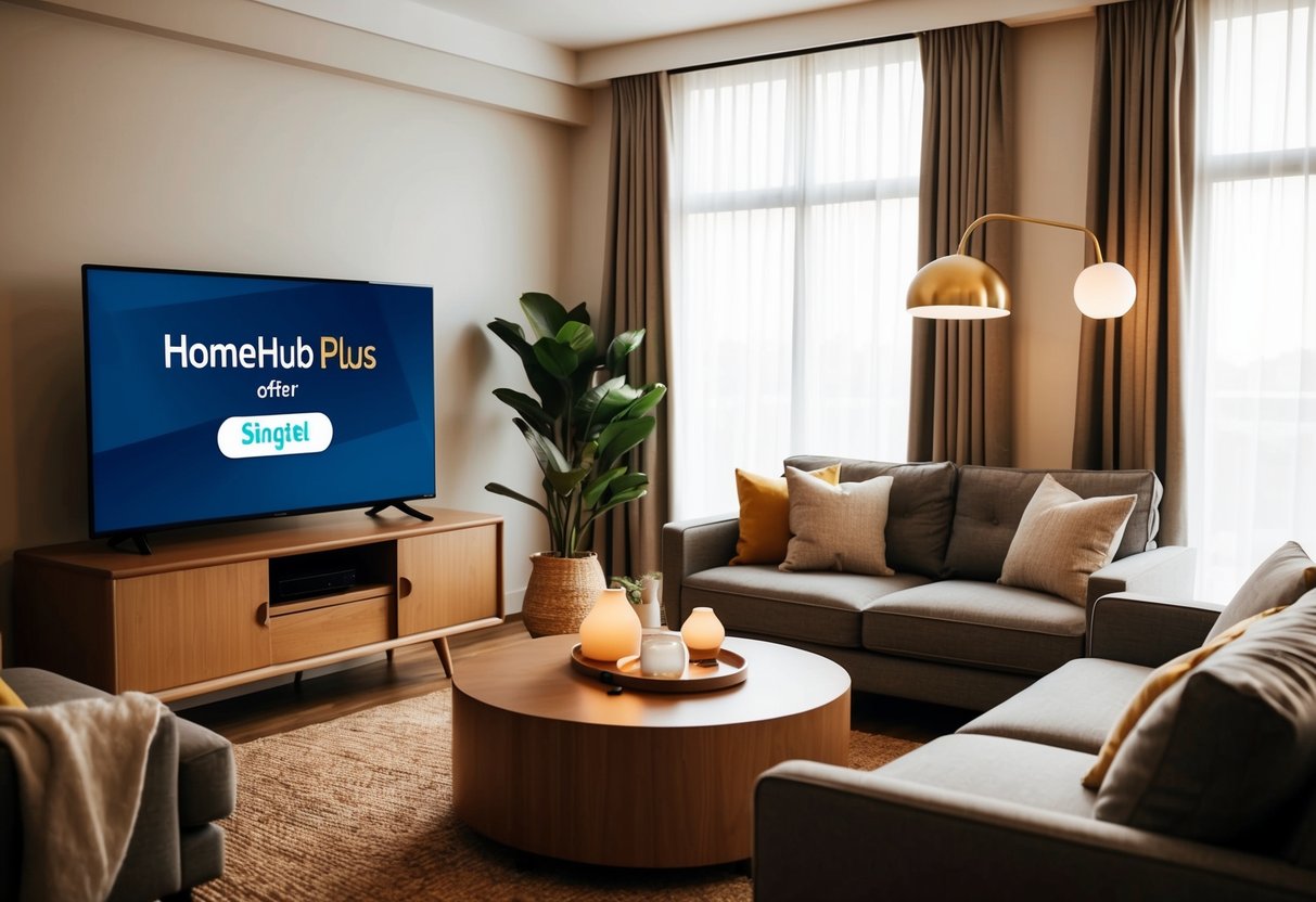 A cozy living room with a modern TV displaying the HomeHub Plus Offer from Singtel, surrounded by comfortable furniture and warm lighting