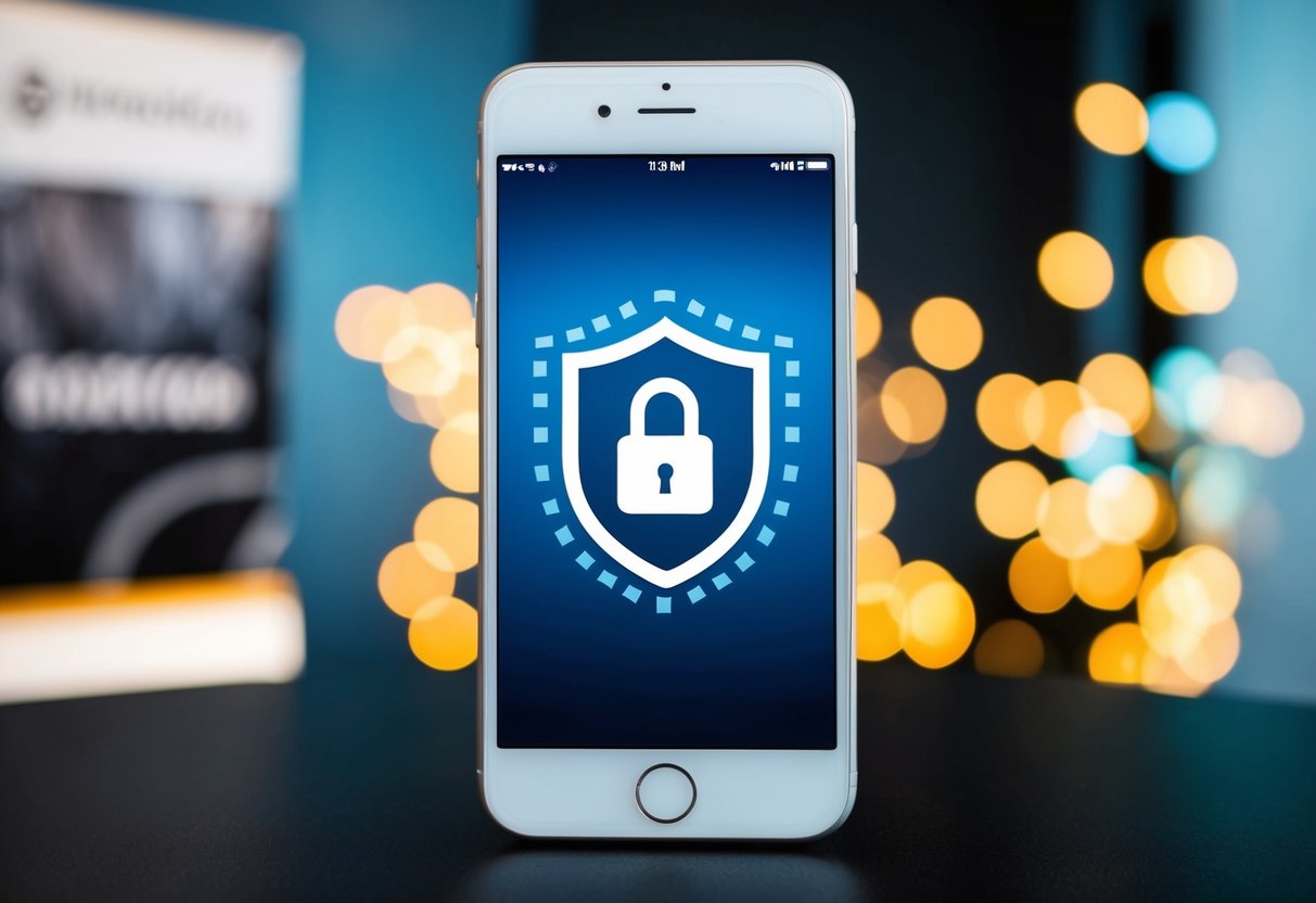A smartphone with a lock icon surrounded by a shield, with a promotional banner in the background