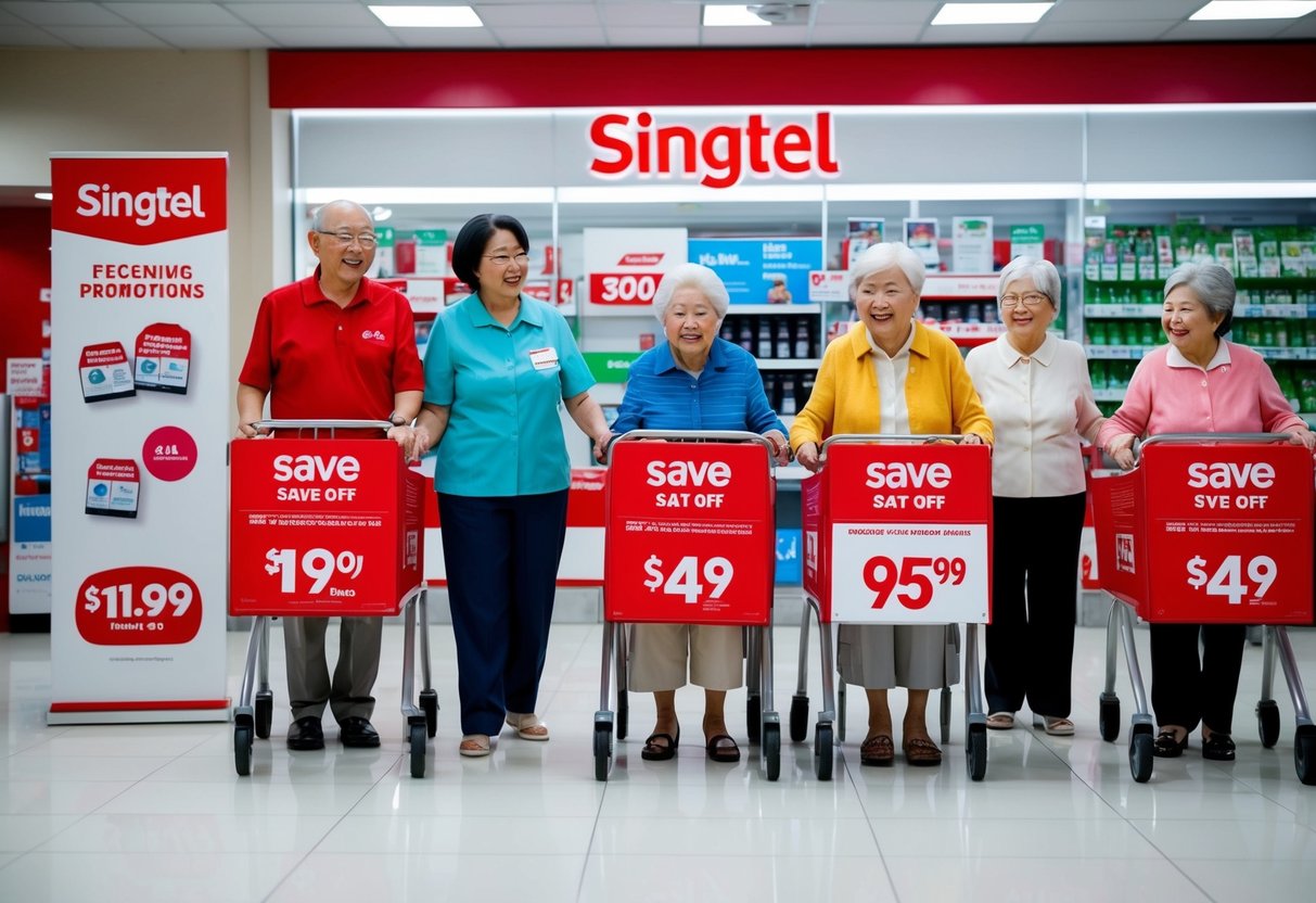 Elderly customers at a Singtel store, receiving discounted promotions with visible signage