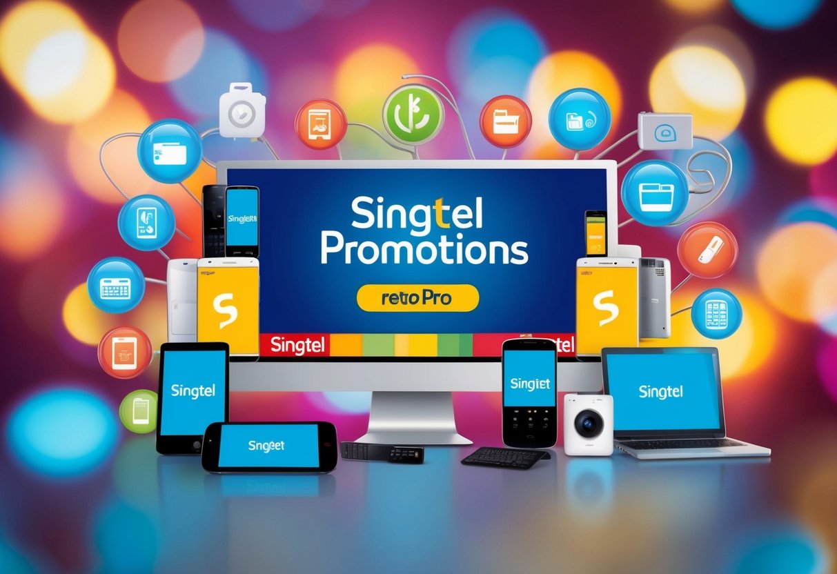 A colorful banner displaying Singtel promotions with various electronic devices and icons surrounding it