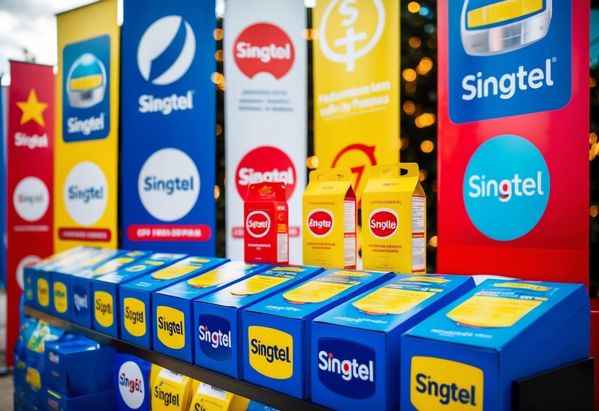 A colorful display of Singtel products and logos with promotional banners and signs