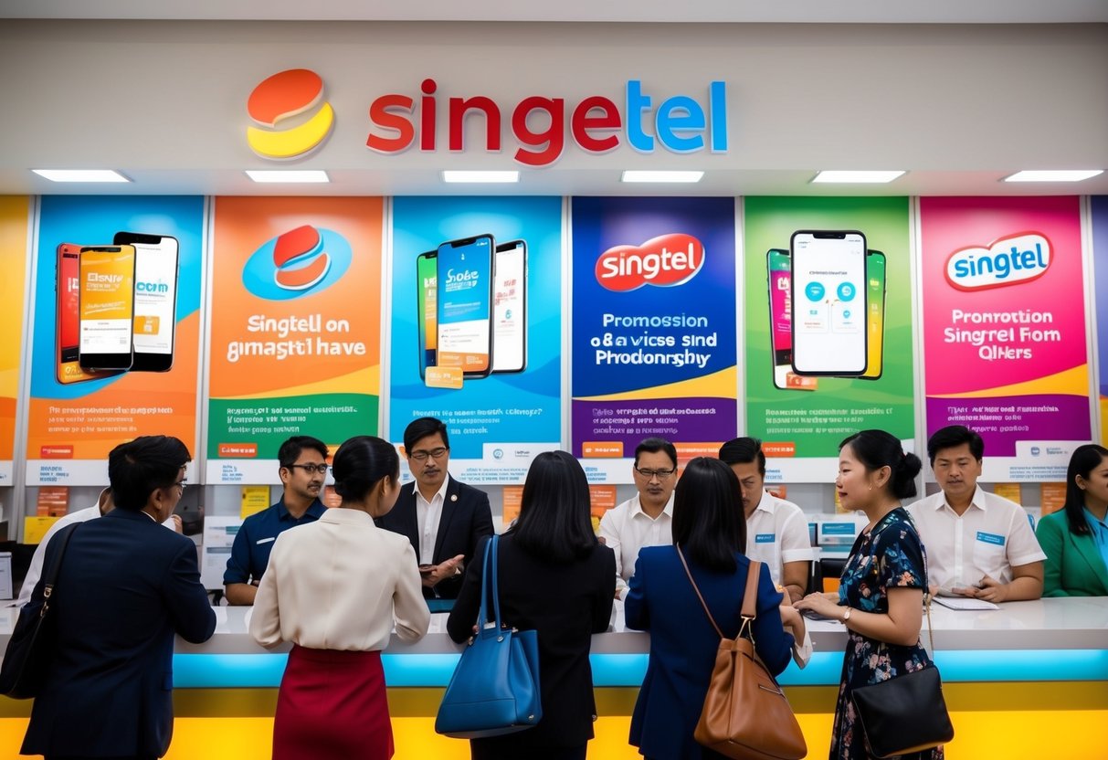 A colorful display of Singtel promotion posters with a crowd of people asking questions at a service counter