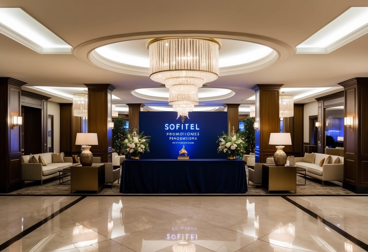 A luxurious hotel lobby adorned with elegant decor and soft lighting, showcasing the sophisticated ambiance of a Sofitel promotions event