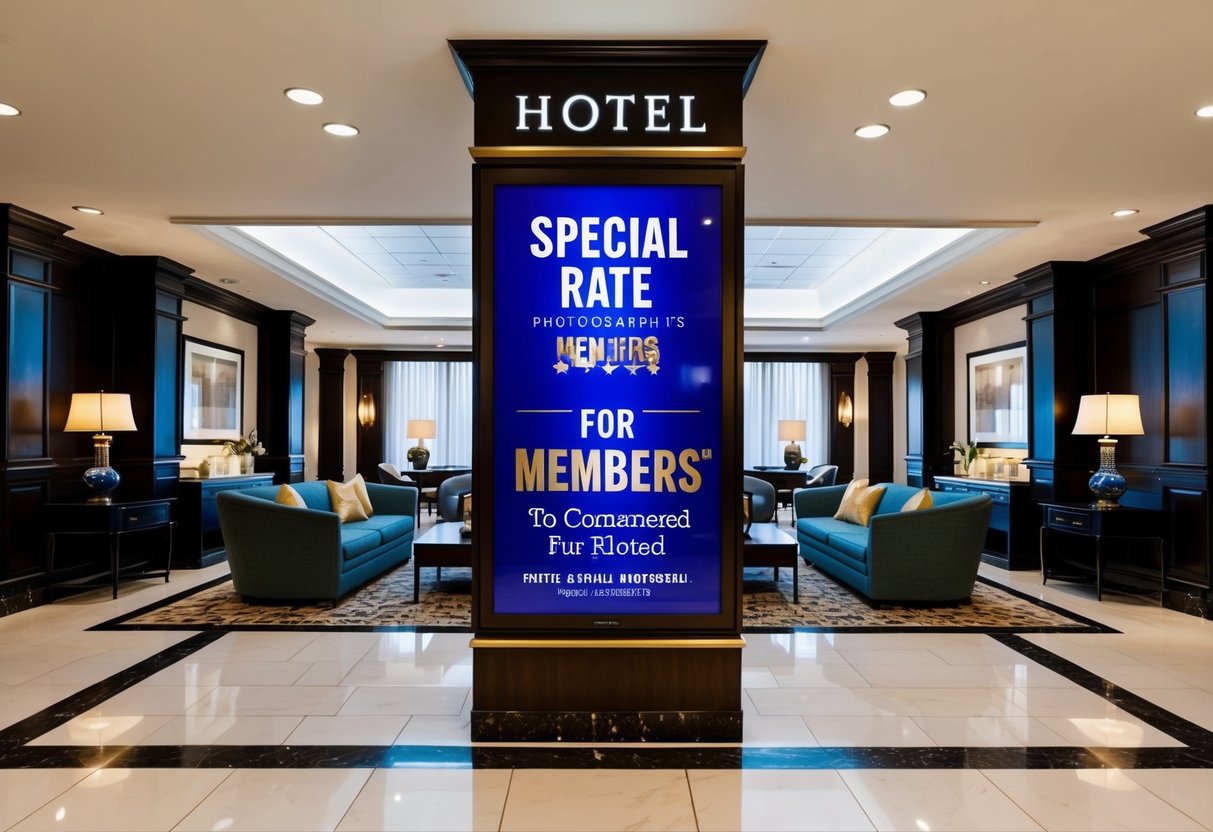A luxurious hotel lobby with a prominent "Special Rate for Members" display, surrounded by elegant furniture and decor
