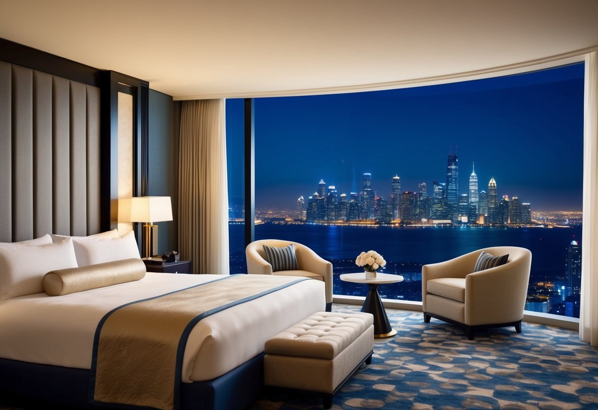 A luxurious hotel room with a plush bed, elegant decor, and a view of a city skyline at night