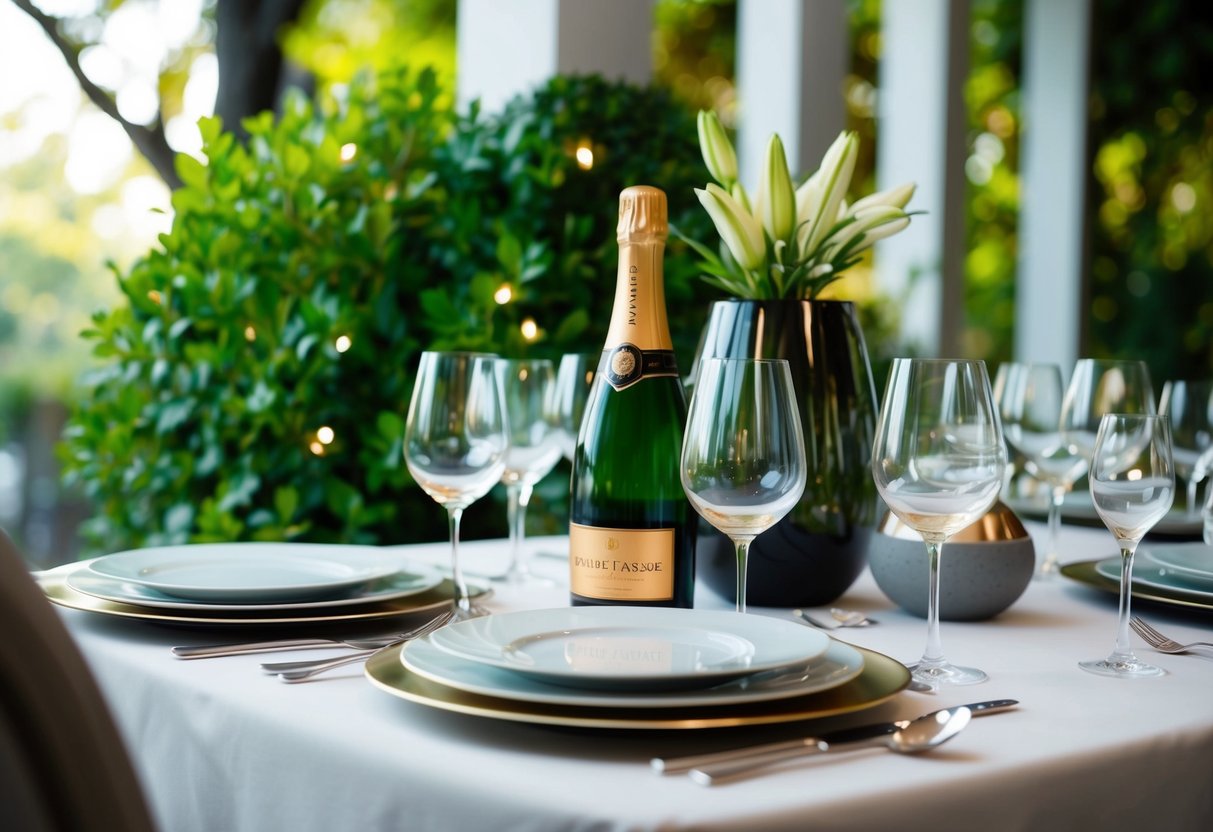 A table set with elegant dinnerware and a bottle of champagne, surrounded by lush greenery and soft lighting