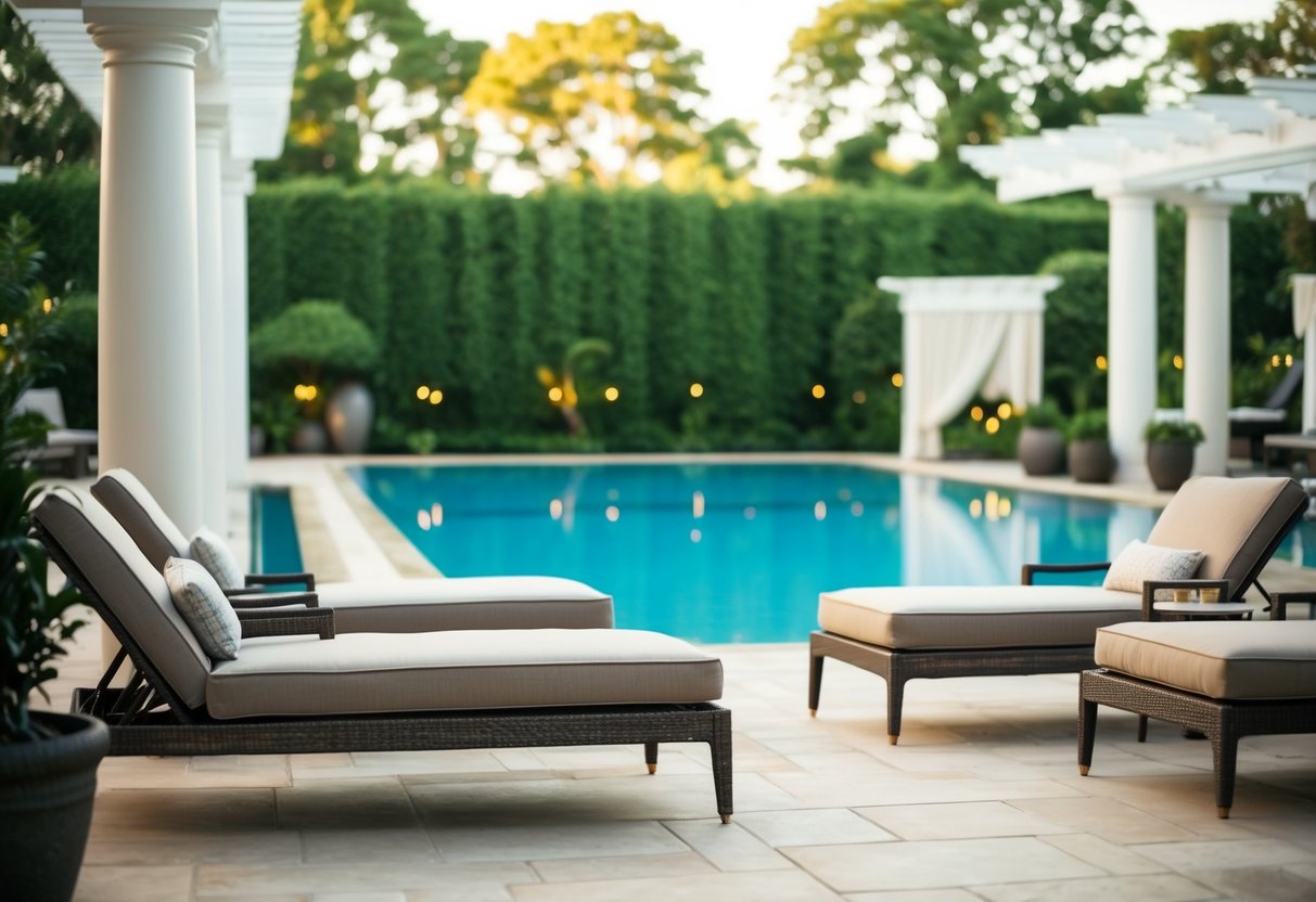 A serene spa setting with a luxurious pool, plush lounge chairs, and lush greenery