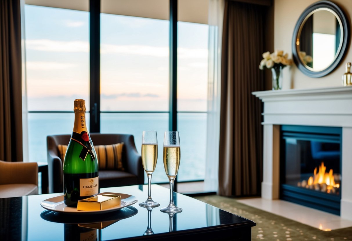 A luxurious hotel suite with a view, champagne on ice, and a cozy fireplace