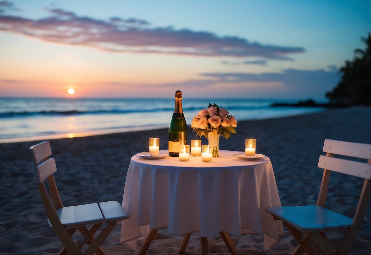 A candlelit table for two on a secluded beach at sunset, with a bottle of champagne and a bouquet of roses