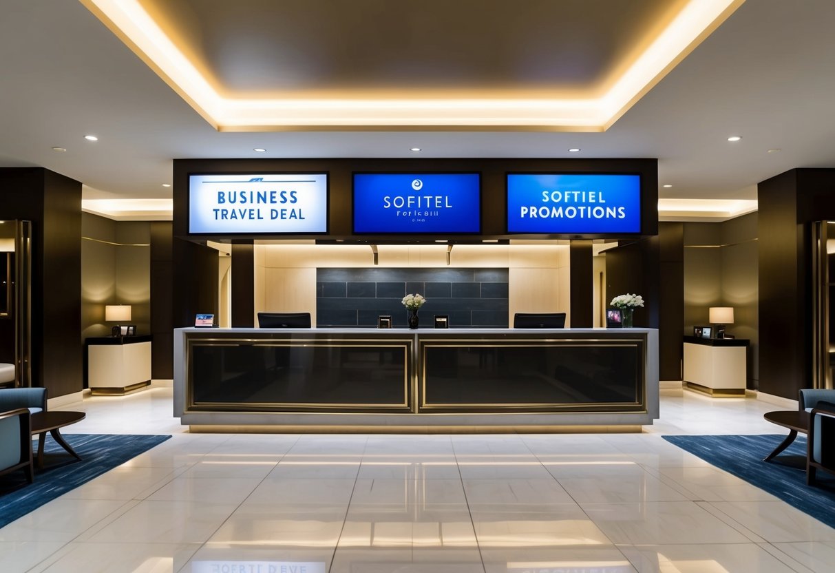 A luxurious hotel lobby with a sleek check-in desk, modern furnishings, and soft lighting. A sign advertises "Business Travel Deal" and "sofitel promotions" in the background