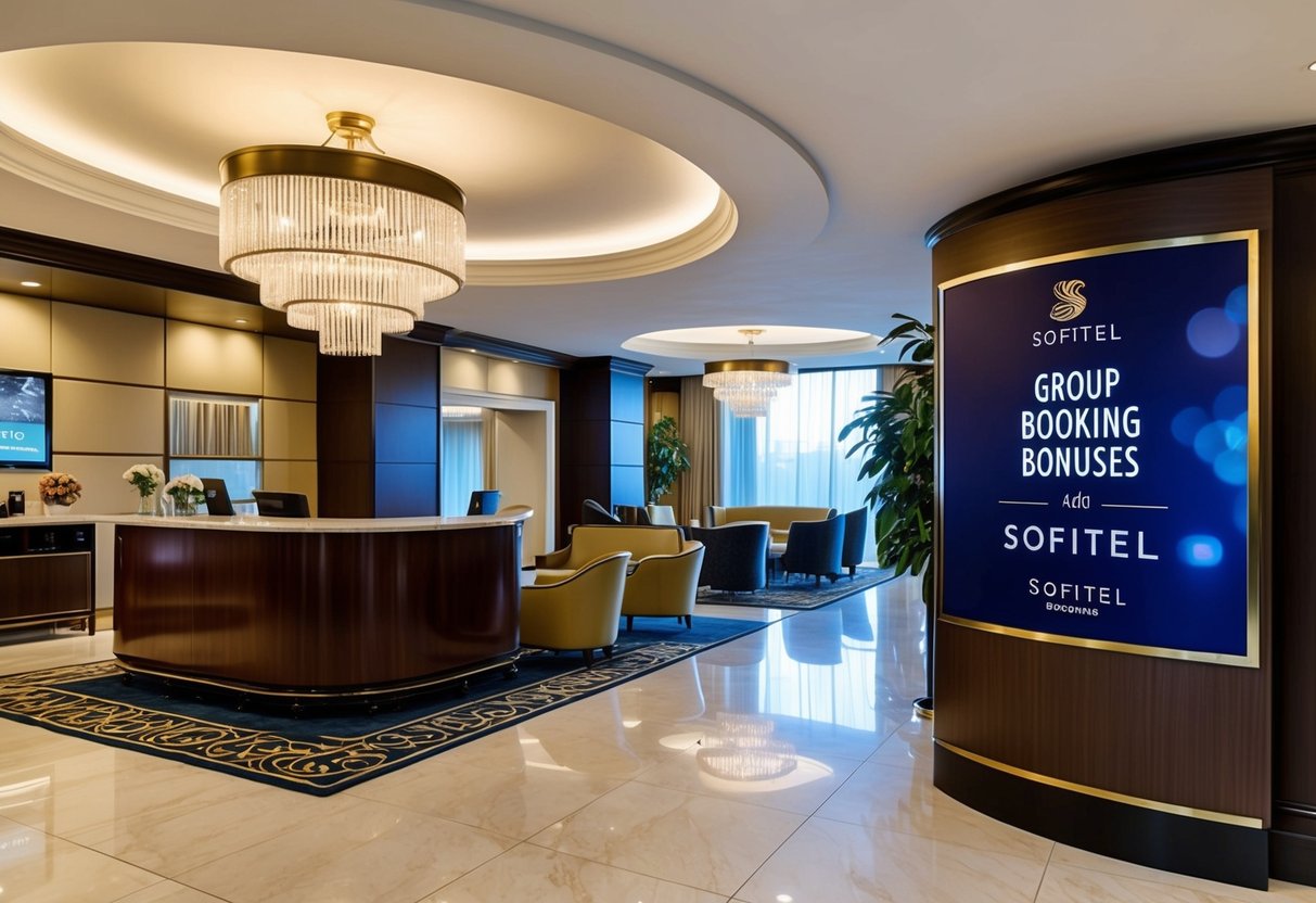 A luxurious hotel lobby filled with elegant furniture and a concierge desk, with a large sign promoting group booking bonuses and Sofitel promotions