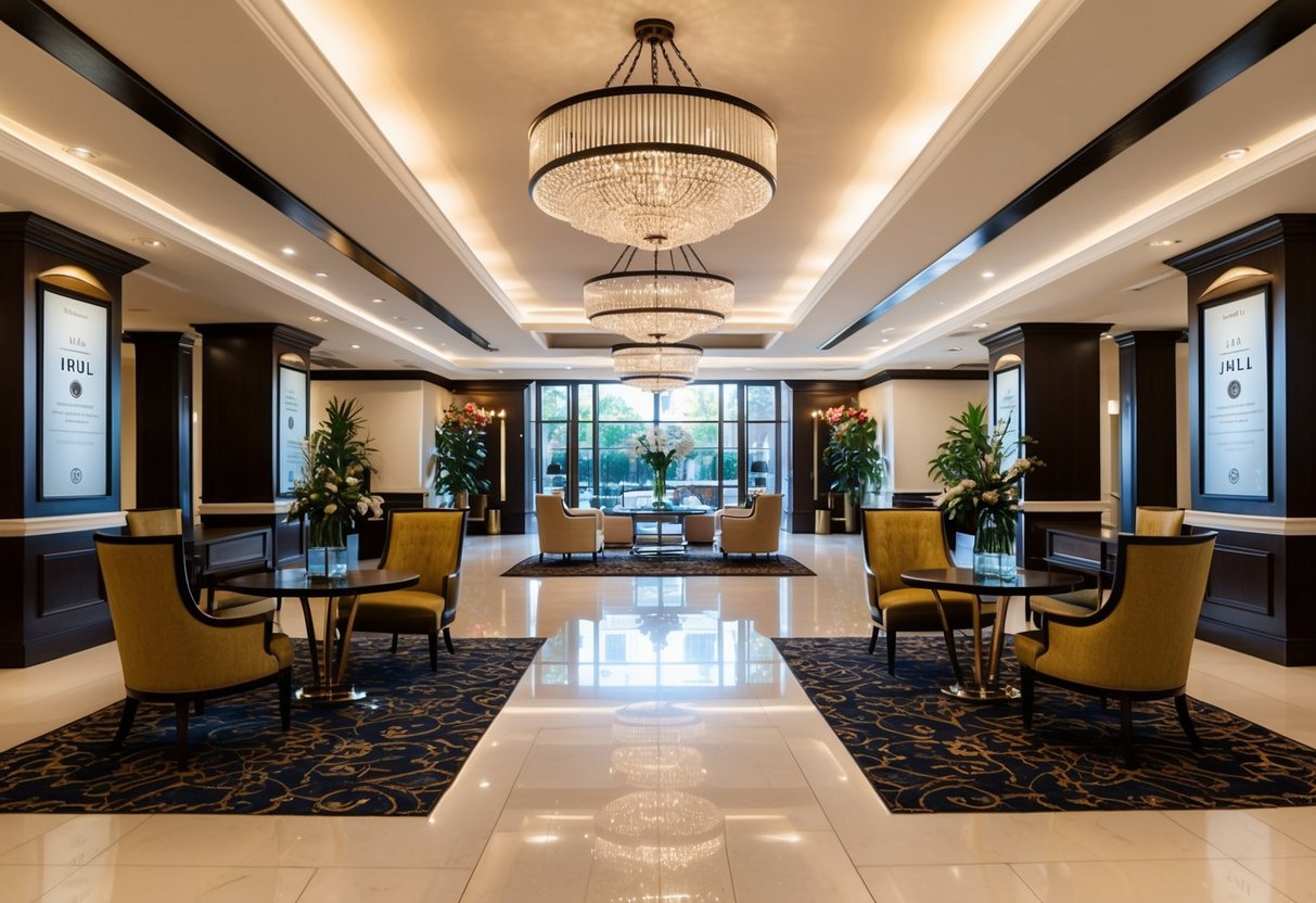 A luxurious hotel lobby with elegant decor and branding displays